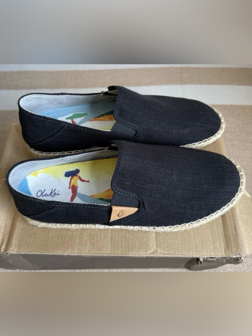 Olukai Kaula PA'A Kapa Flats Black Slip-On Espadrille Shoes size 9 new